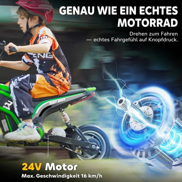 Elektrisk Børnemotorcykel 12V i Grøn - Metalramme, 8-16 km/t, 8-12 år