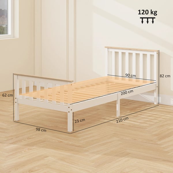 enkelsäng i furu och vit, sängram med förvaring undertill, 23 cm fritt utrymme, 120 kg maxlast, 210x98x82 cm
