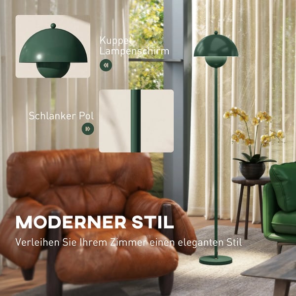 Golvlampa Grön med rund lampskärm i stål, fotströmbrytare, E27-sockel för sovrum och kontor