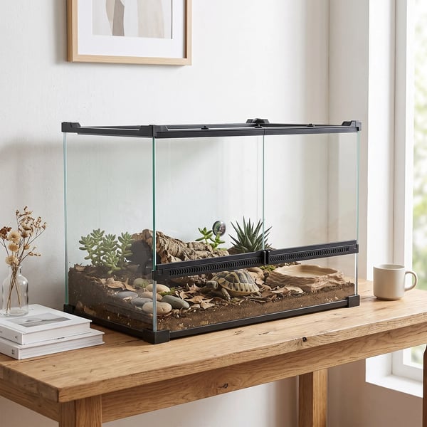 glasterrarium til krybdyr, forhøjet og vandtæt bund, knaplås