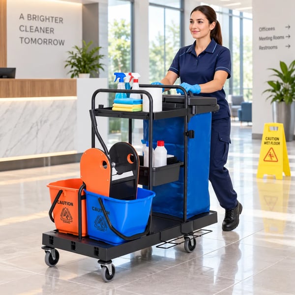 Rengøringsvogn med 4 hjul, 2 hylder, moppevrider og affaldspose - Sort/Blå/Orange
