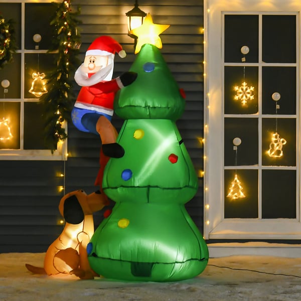 Oppustelig Juletræ med Julemand og Hund, Grøn, Polyester, 180 cm Højde, LED Lys
