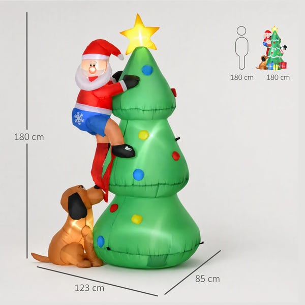 Oppustelig Juletræ med Julemand og Hund, Grøn, Polyester, 180 cm Højde, LED Lys