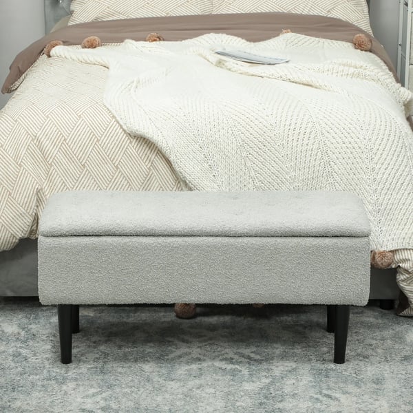 polstret opbevaringsbænk i grå polyester, sengebænk med flip-top låg og kistebænk til stue/soveværelse, 95x38x45 cm