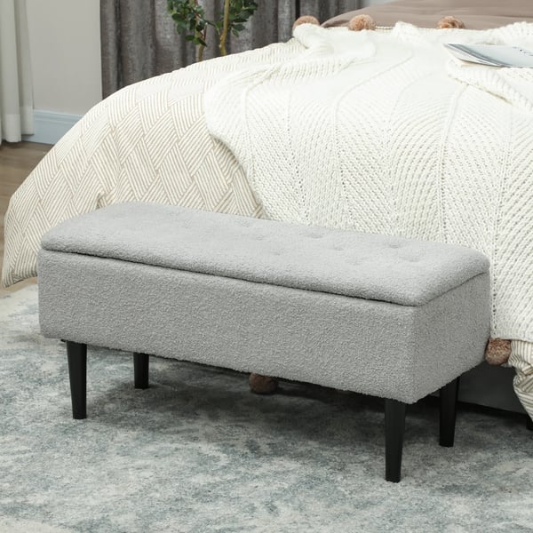 polstret opbevaringsbænk i grå polyester, sengebænk med flip-top låg og kistebænk til stue/soveværelse, 95x38x45 cm