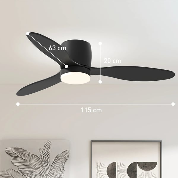 Takfläkt med LED-belysning, Fjärrkontroll, 115cm, 3 Blad, DC-motor, 6 Hastigheter, Timer, Svart