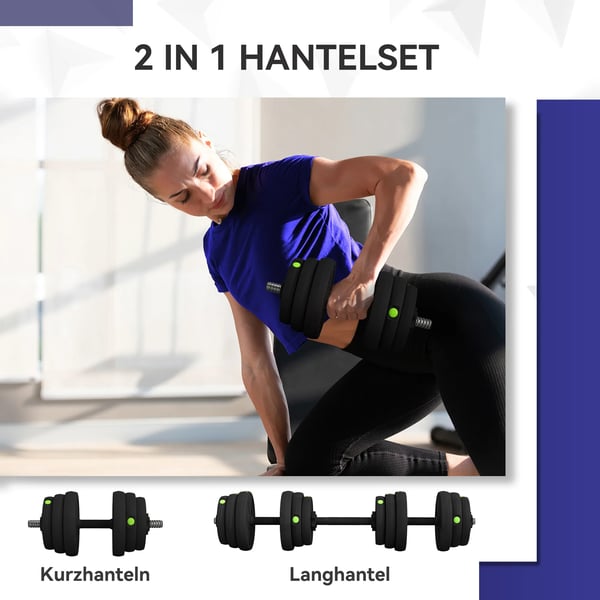 2-i-1 Hantelset Hantel & Skivstång 25 kg, Svart/Grön, Plast