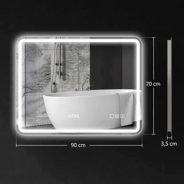 Badspegel med LED-belysning, Bluetooth och klocka, 70x90 cm, Silver, Härdat glas, Imfri