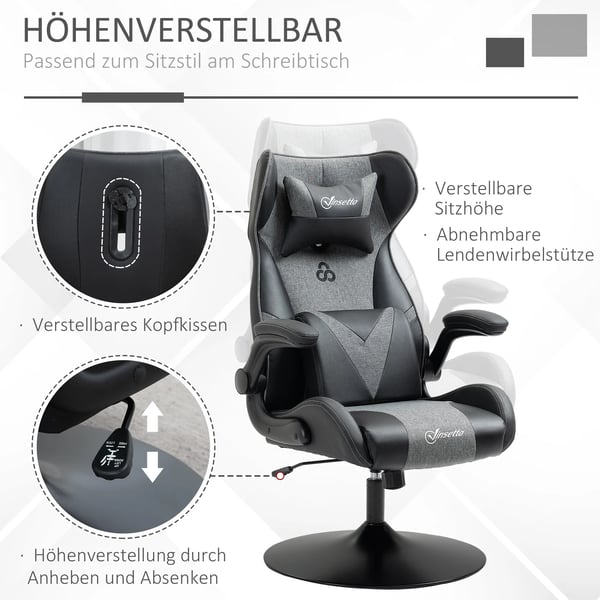 gamerstol, hjdejusterbar og drejelig, kunstlderbetrk, foldbare armln, sort+gr