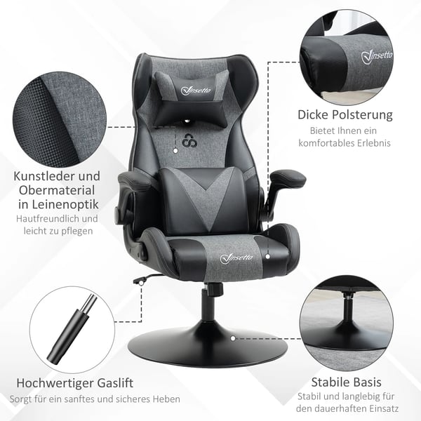 gamerstol, hjdejusterbar og drejelig, kunstlderbetrk, foldbare armln, sort+gr
