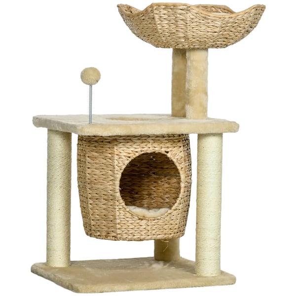 Katte Træ med Hule og Legebold, Beige Sisal Kradsemøbel Indendørs Klatretræ 74 cm