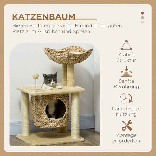 Katte Træ med Hule og Legebold, Beige Sisal Kradsemøbel Indendørs Klatretræ 74 cm