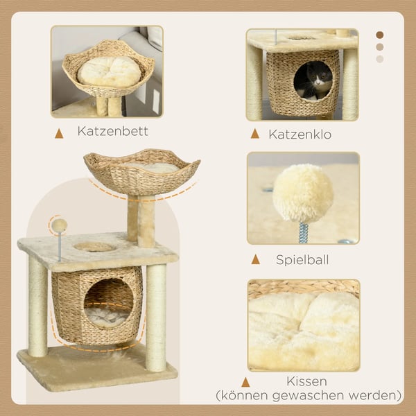 Katte Træ med Hule og Legebold, Beige Sisal Kradsemøbel Indendørs Klatretræ 74 cm