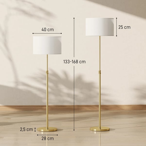 säädettävä lattiavalaisin kaukosäätimellä, kulta/valkoinen, teräs/pellava, 133-168 cm