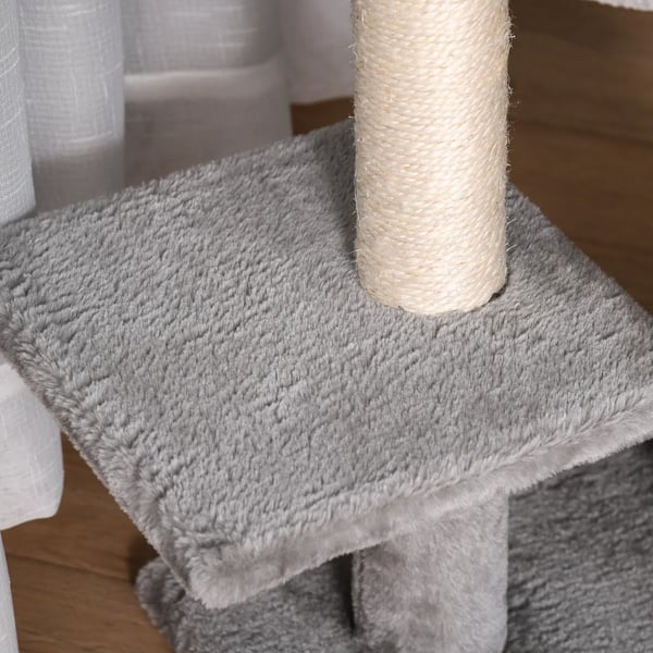 kissan raapimispuu luolalla ja tikkailla, monitasoinen, E1 MDF, sisal, plyysi, vaaleanharmaa, 50x40x120cm