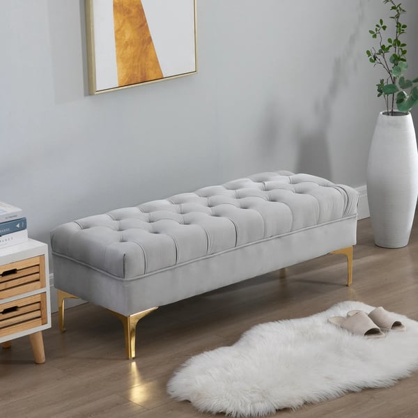Bänk, Ljusgrå Sammetsbänk med Guldfärgade Ben, 118x45x42cm