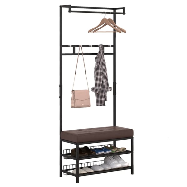 -vaateteline penkillä, naulakko ja kenkäteline, metallia, 2 kenkähyllyä, istuinosa, 72,5x35x180 cm