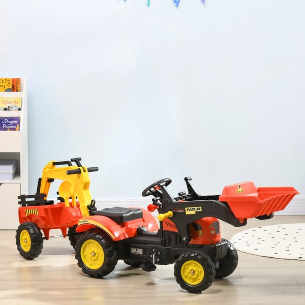 Tramptraktor med skopa och släpvagn för barn – Röd, stål/plast, 3+ år