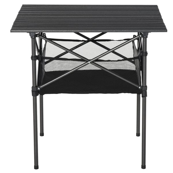 Campingtisch, hopfällbart bord i aluminium, lätt, bärbart med nätficka, svart, 70x70x69 cm