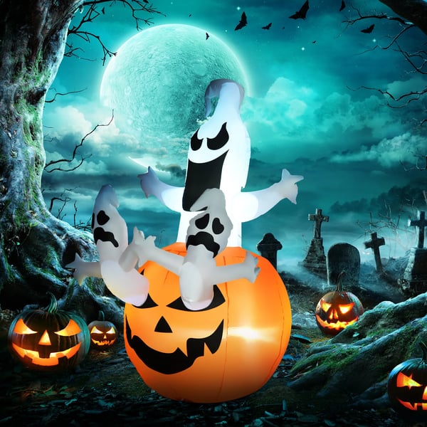 Uppblåsbar Pumpa Spöke Halloween Dekoration Figur Luftfigur med LED-belysning, Polyester, 120x120x180cm