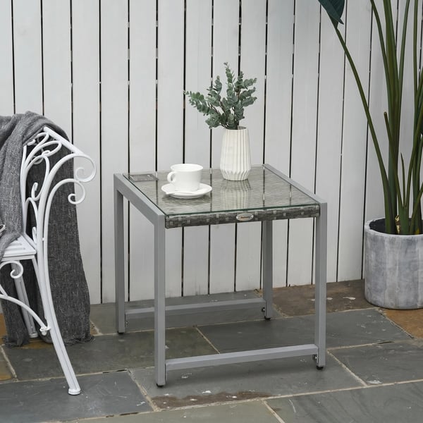 ® Trädgårdsbord trädgårdsavlastningsbord med härdat glas, konstrotting + aluminium