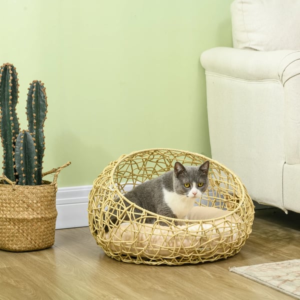 Kattgrotta i rotting, bekväm korg för katt och hund, beige, Ø56x35cm