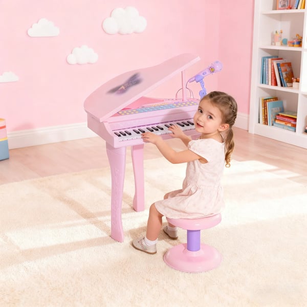 Barnpiano med pall och mikrofon - 37 tangenter - Rosa ABS
