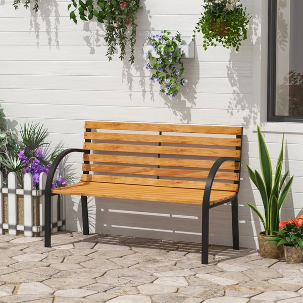 trädgårdsbänk, sittbänk, parkbänk, 2-sits, trädgård, stål + furu, natur, B122 x D60 x H83 cm