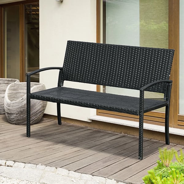 Trädgårdsbänk 2-sits i Svart Polyrattan med Stålram - 122 x 60 x 87 cm