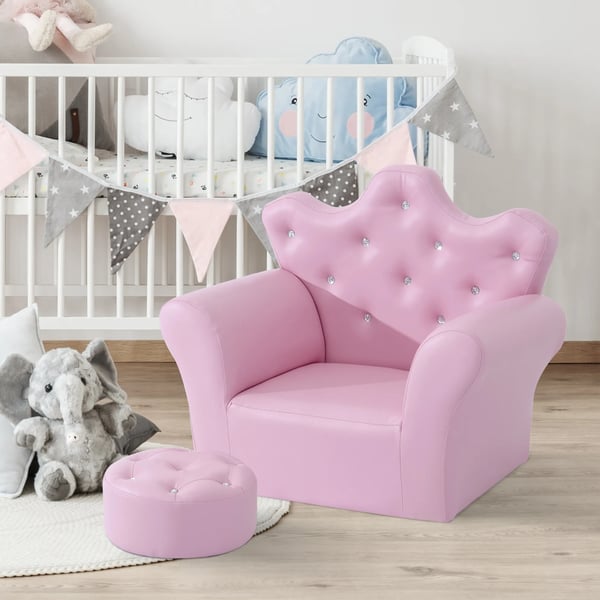 Børnesofa med Puf, Lyserød, Skum + Træ + PVC, 58x40,5x49cm