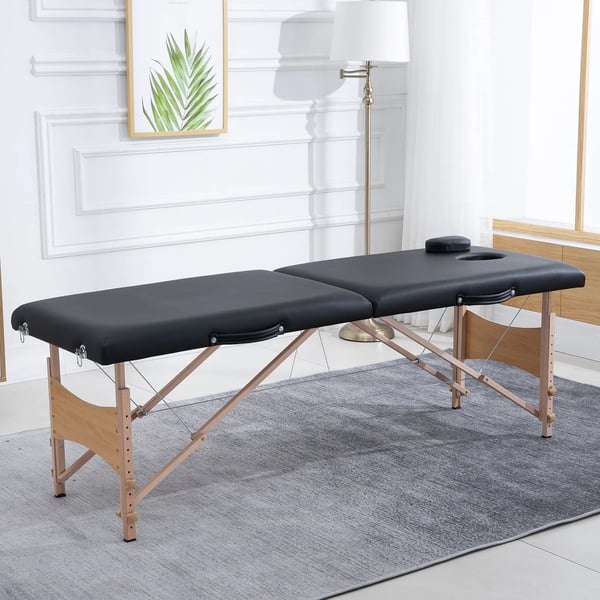 massagebriks, Bærbar massagebriks, Højdejusterbar, Kosmetikbriks, Poppeltræ, Skum, Sort, 186 x 60 x 58-81 cm