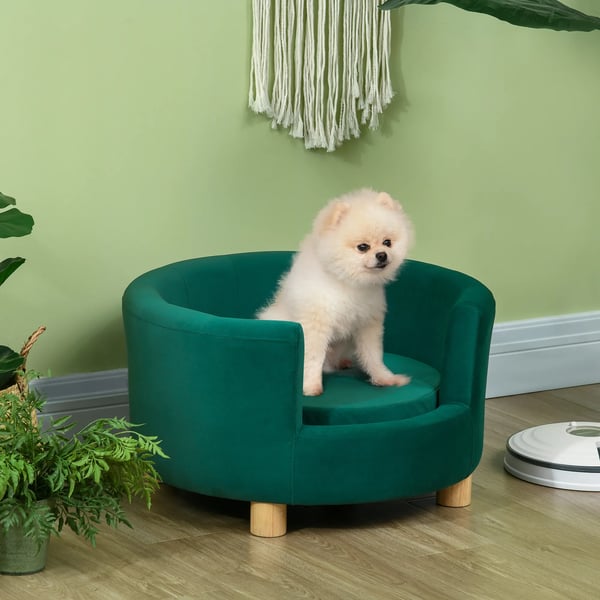 Grøn Hundesofa med Fløjlsbetræk, Træben og Aftagelig Pude (65x64x37cm) - Perfekt til Små Hunde & Katte