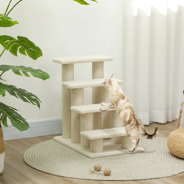 Lemmikkieläinportaat, 4 Astelmaa, Muhkea (Beige), Lastulevy/Plush, 63.5x43x60cm
