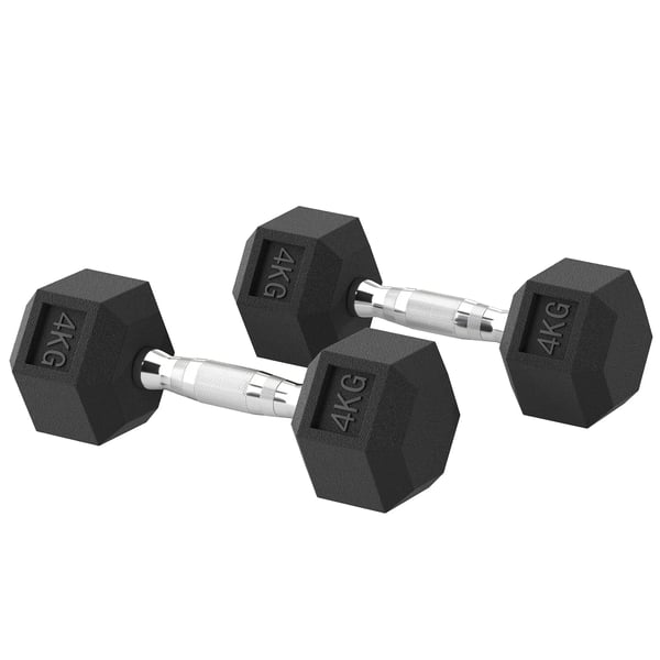 Kuusikulmaiset käsipainot, 2 kpl, metalli/kumi, mustat, 4 kg