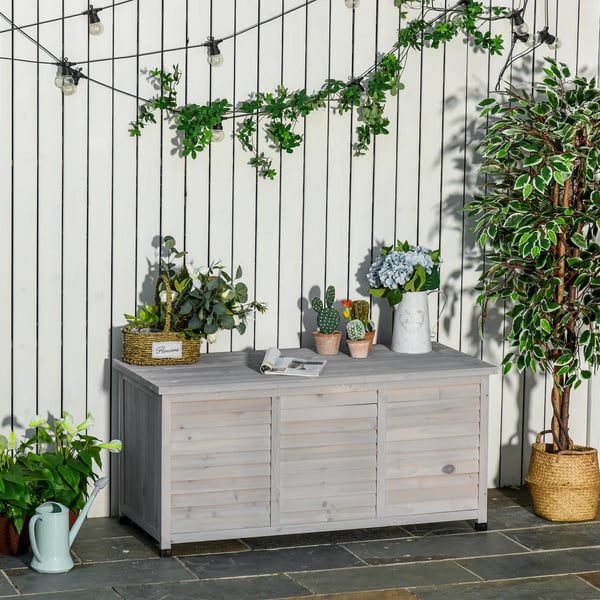 Havekasse i grantræ med opbevaring, grå, 127x56x60 cm