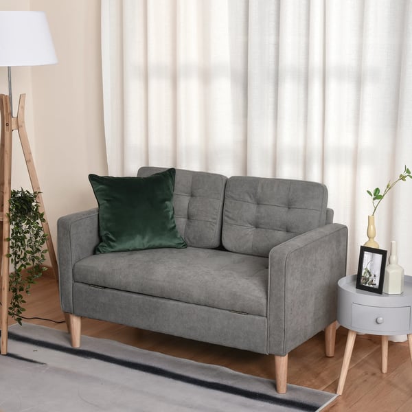 Tvåsits Soffa Grå Tyg med Förvaring - Gummiträ Ben 117x62x78 cm