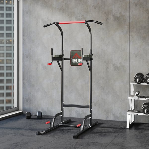 Træningsstation Power Tower - Justerbar Dip Station med Pull-up Stang - Stål/Plastik, Sort+Rød - Max 120kg Belastning
