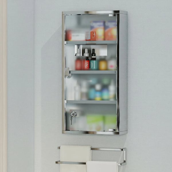 Medicinskåp medicinfärdighetskäl med första hjälpen-kors, låsbar, rostfritt stål/glas, 30x12x60 cm