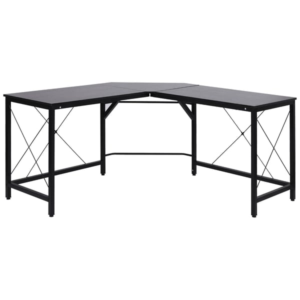 L-muotoinen kulmatietokonepoyta, musta metalli ja MDF L150x150x76cm