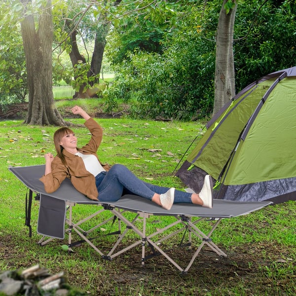 Foldbar Feltseng i Grå Oxford med Opbevaringstaske - Robust og Vejrbestandig Camping Senge til Udendørs Brug