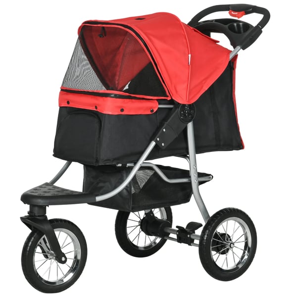 hundvagn hundbuggy kattbuggy husdjursvagn med 3 hjul hopfällbar för hund och katt Oxford röd+svart 109,5 x 54,5 x 106,5 cm