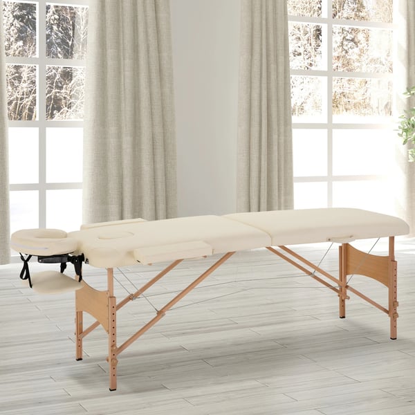 Massagebriks - Sammenklappelig, Hjdejusterbar, Creme Kunstlder med nakkesttte til Spa/Salon