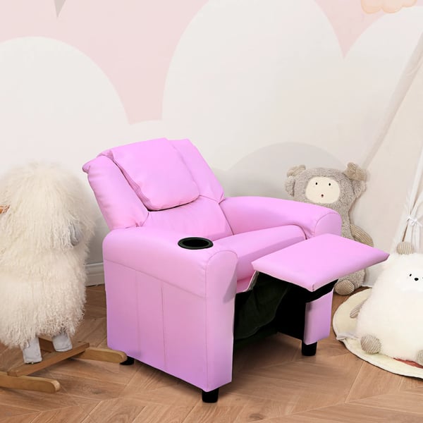 børnesofa med liggefunktion, børnestol, 3-6 år, rosa, kopholder, 62x56x69 cm