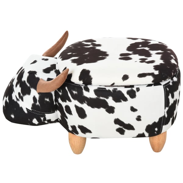 Opbevaringspuf Ko Dyr, Dekorativ Puf med Opbevaring, Stof, Gummitræ, Sort/Hvid/Natur, 62x35x36cm