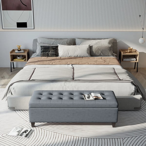 Förvaringsbänk i grått polyester med lock, polstrad sängbänk med knappad design och träben