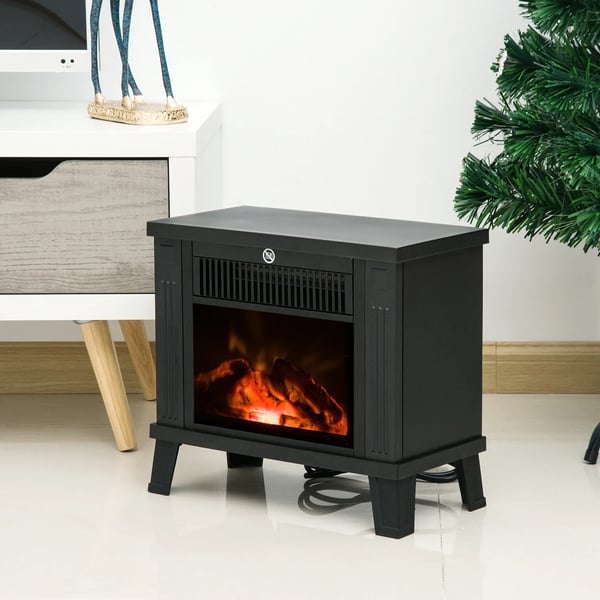 Elektrokamin ELDSTAD med Flammeneffekt, 600/1200W, Metall/Glas/ABS, Svart, Kompakt design 34x17x31 cm