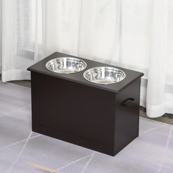 Forhøjet Hundeskål med Opbevaring - 2 Skåle i Rustfrit Stål, Espresso MDF - 60x30x41 cm