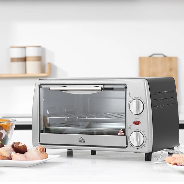 Elektrisk ugn 10L med justerbar temperatur och timer, grill och stekpanna inkluderad, 750W, 36.5x26x22cm, silver svart