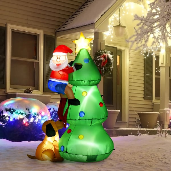 Oppustelig Juletræ med Julemand og Hund, Grøn, Polyester, 180 cm Højde, LED Lys