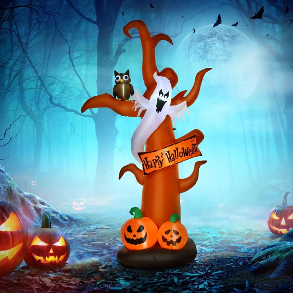 Oppustelig Halloween Græskar Træ Dekorationsfigur Luftfigur med LED-belysning Polyester Brun 156 x 107 x 274 cm